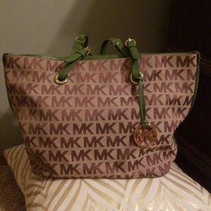 Michael Kors Green and Brown MK Monogram Tote